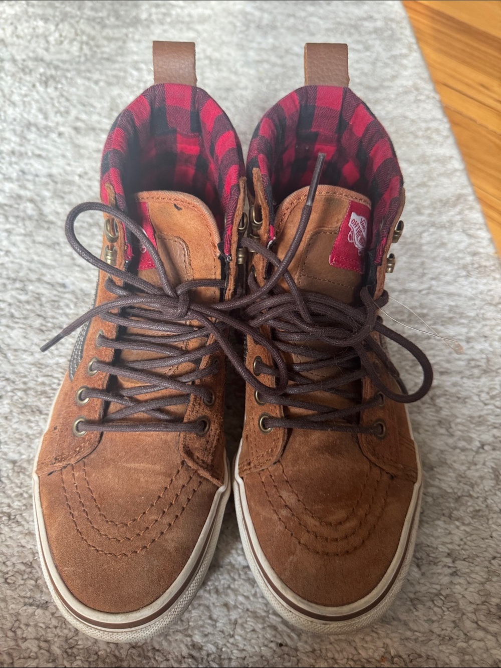 Brown Suede High-Top Sneakers with Red Buffalo Plaid Lining Van’s W7 M5.5